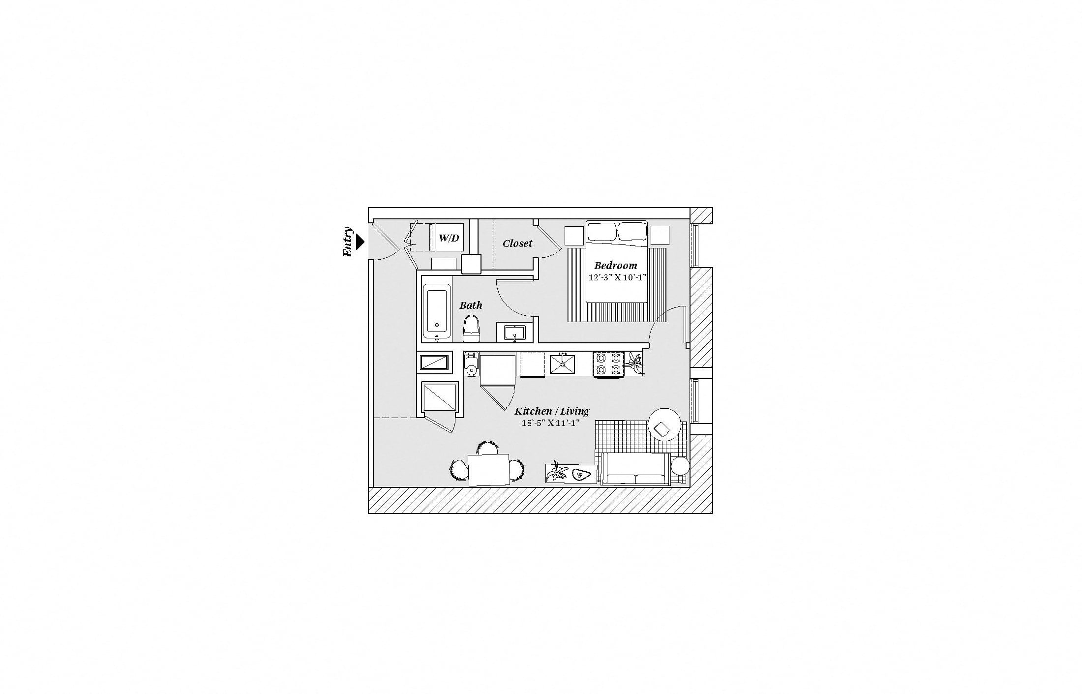 Floor plan for 1 bed, 1 bath, 783 sqft